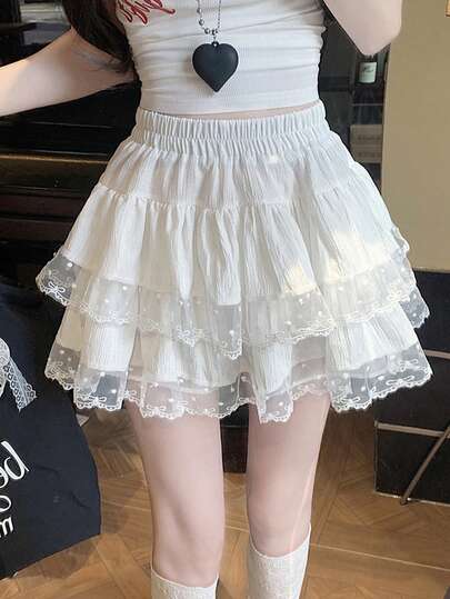 French Ballet Style Lace Trim High Waist Pleated Cake Skirt, Summer Anti-Exposure Puff Skirt