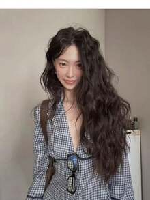 法式深V领长袖格子衬衫，宽松版型，适合早春叠穿，收腰设计 - 藍色 - 查看 3