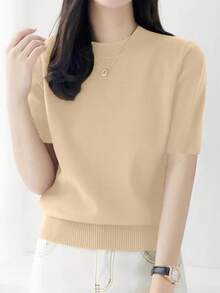 Slim Fit Crew Neck Strickpullover, minimalistisch elegantes Damen Top für den Sommer - Aprikosenfarben - Übersicht 1