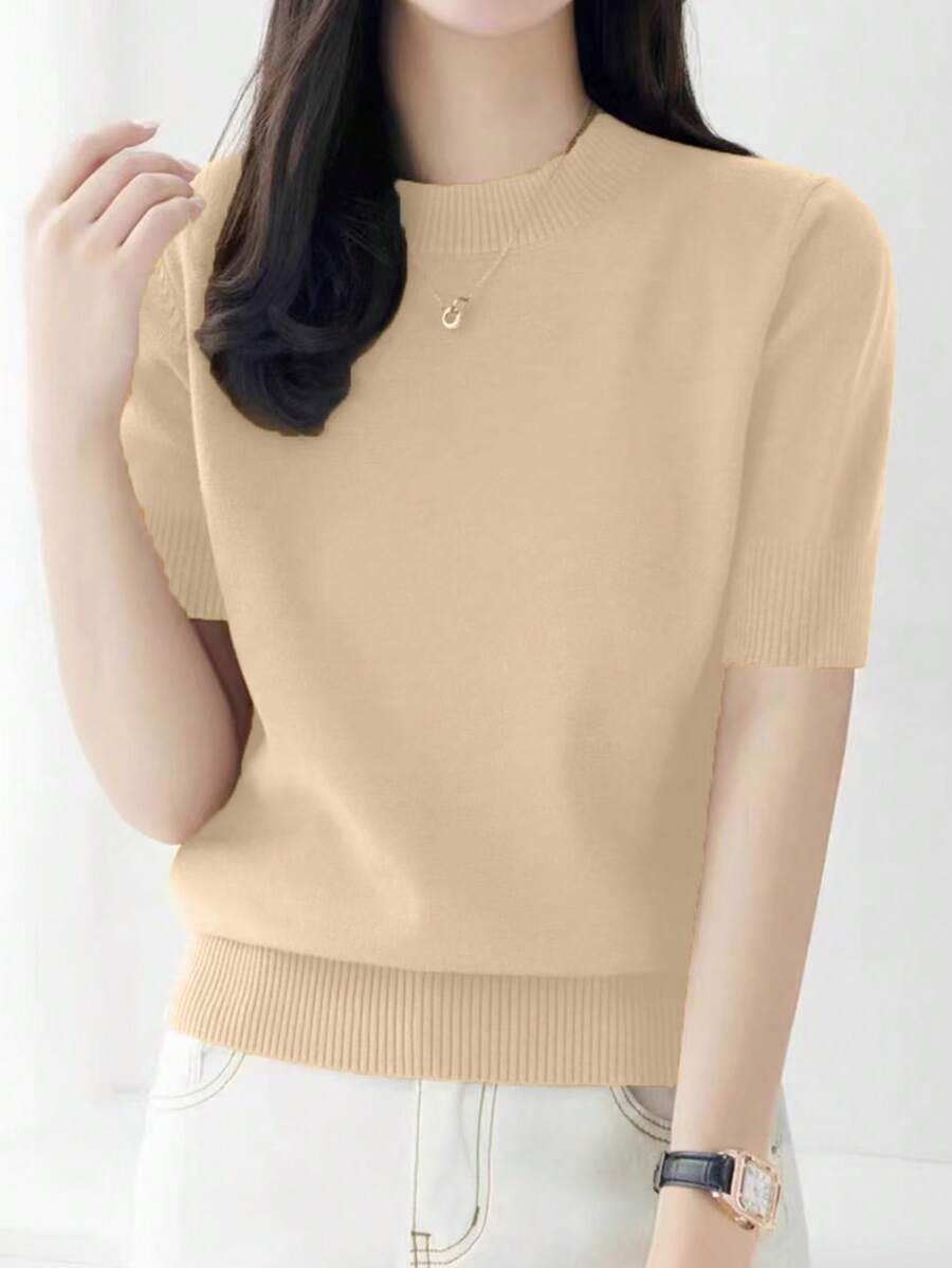 Slim Fit Crew Neck Strickpullover, minimalistisch elegantes Damen Top für den Sommer - Aprikosenfarben - Übersicht 1
