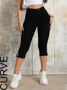 Women's Plus Size Mid-Waist Stretch Cropped Denim Jeans - Black - View 4