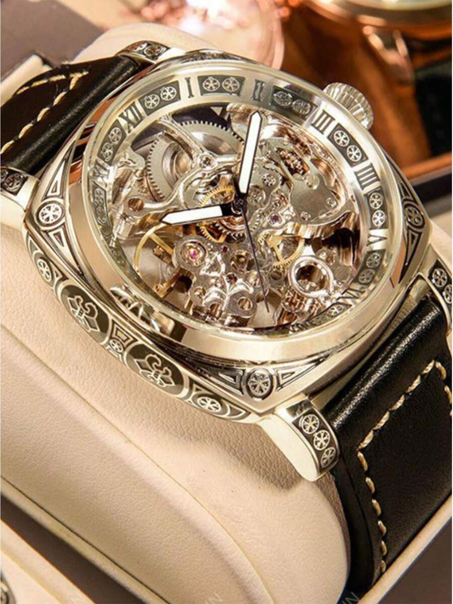 1pc Men's Black Zinc Alloy Business Style Luminous Carved Automatic Tourbillon Hollow Mechanical Watch