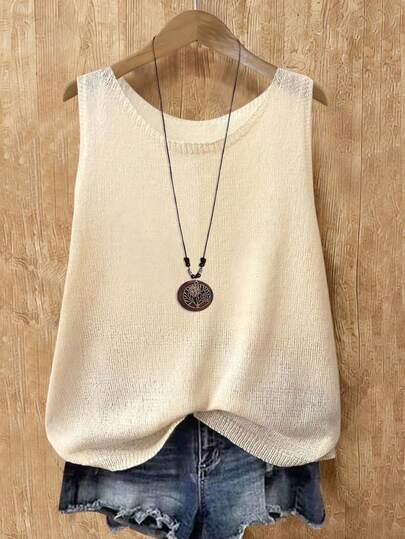 Camiseta de punto de cuello redondo de unicolor para mujer, suéter casual y suelto con diseño de espalda descubierta, moda minimalista diaria, cómoda y elegante