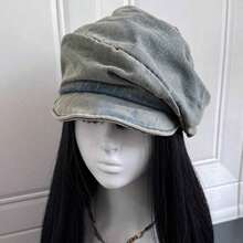 Japanese Style New Solid Color Vintage Distressed Denim Beret Hat For Women Summer Artistic Niche Design Versatile Painter Hat - Retro Blue - 查看 2