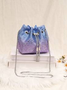 Elegant Ombre Rhinestone Bucket Bag, A Birthday Gift For Ladies, Glitter Bag/Glitter Bag With Highly Attractive, Shiny Banquet Bag, Fashion High-End Crystal Bag With Tassel Chain Shoulder Handbag, Party Bag, Interesting Valentine's Day Gift - 薰衣草色 - 查看 10
