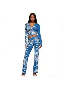 New Animal Pattern Print Hooded Contrasting Elastic Sports Style Jacket Top Trousers Set Women - Blue - View 3