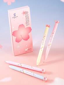 4pcs Cute Cherry Blossom Retractable Gel Pen, 0.5mm Black Ink Quick Dry CS Ballpoint Pen Smooth Writing For Students Office School Supplies - Multicolor - View 1