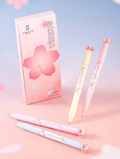 4pcs Cute Cherry Blossom Retractable Gel Pen, 0.5mm Black Ink Quick Dry CS Ballpoint Pen Smooth Writing For Students Office School Supplies