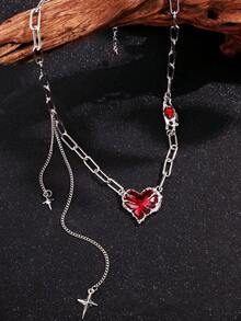 1件嘻哈风红色爱心吊坠项链，男士圣诞节、新年、情人节节日礼物 - 銀色 - 查看 4