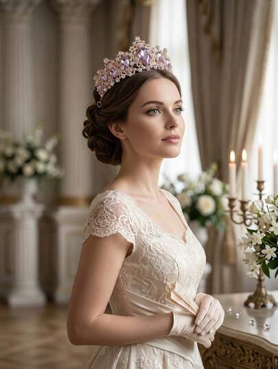1pc Women Vintage Rose Gold Rhinestone Bridal Tiara, Elegant Teardrop Purple Gem Princess Crown Hair Accessories For Wedding Prom Party