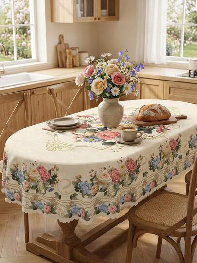1pc-Spring Floral Tablecloth, Vintage Rose & Daisy Print Lace Trim Table Cover, Spring & Mother's Day Themed Polyester Decor For Kitchen Dining Room