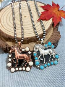 Vintage European And American Colorful Stone Square Pendant Necklace, Made Of Distressed Copper And Bright Silver Metals, Featuring A Powerful Horse Sculpture With Detailed Mane And Muscle Lines; The Square Pendant Has A Black Oiled Base With White Stripe Stone And Turquoise Accents, Paired With A Vintage Round Bead Chain, Available In Two-Tone Colors, Filled With Western Ranch And Retro Vibe. - Multicolored Horse Square Necklace - View 10