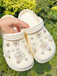20pcs White Bow Pearl Flower Decor, Suitable For Slippers, Sandals, DIY Accessories - White Flowers - View 3