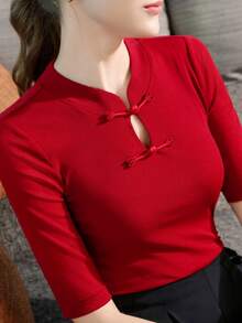 2025 New Chinese Style Button-Up Top, Retro Elegant National Style Women's Clothing, Stand Collar Mid-Sleeve T-Shirt Casual - Red - View 1