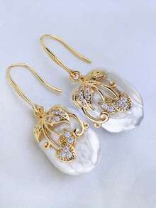 1 Pair Women's Sparkling Cubic Zirconia Faux Pearl Pendant Earrings, Valentine's Day Gift - Yellow Gold - View 6