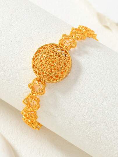 1件中东斋月沙特阿拉伯风格镀金铜质镂空花卉链手链，女士款，3D立体镂空花卉纹理，复古奢华派对配饰