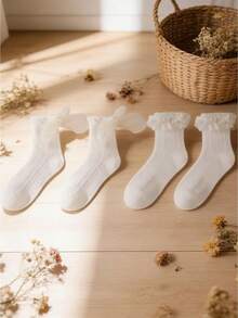 2 Pairs/4 Pairs Women Lace Trim Mid-Calf Socks, Casual School Style Socks, Home & Travel Socks - White - View 2
