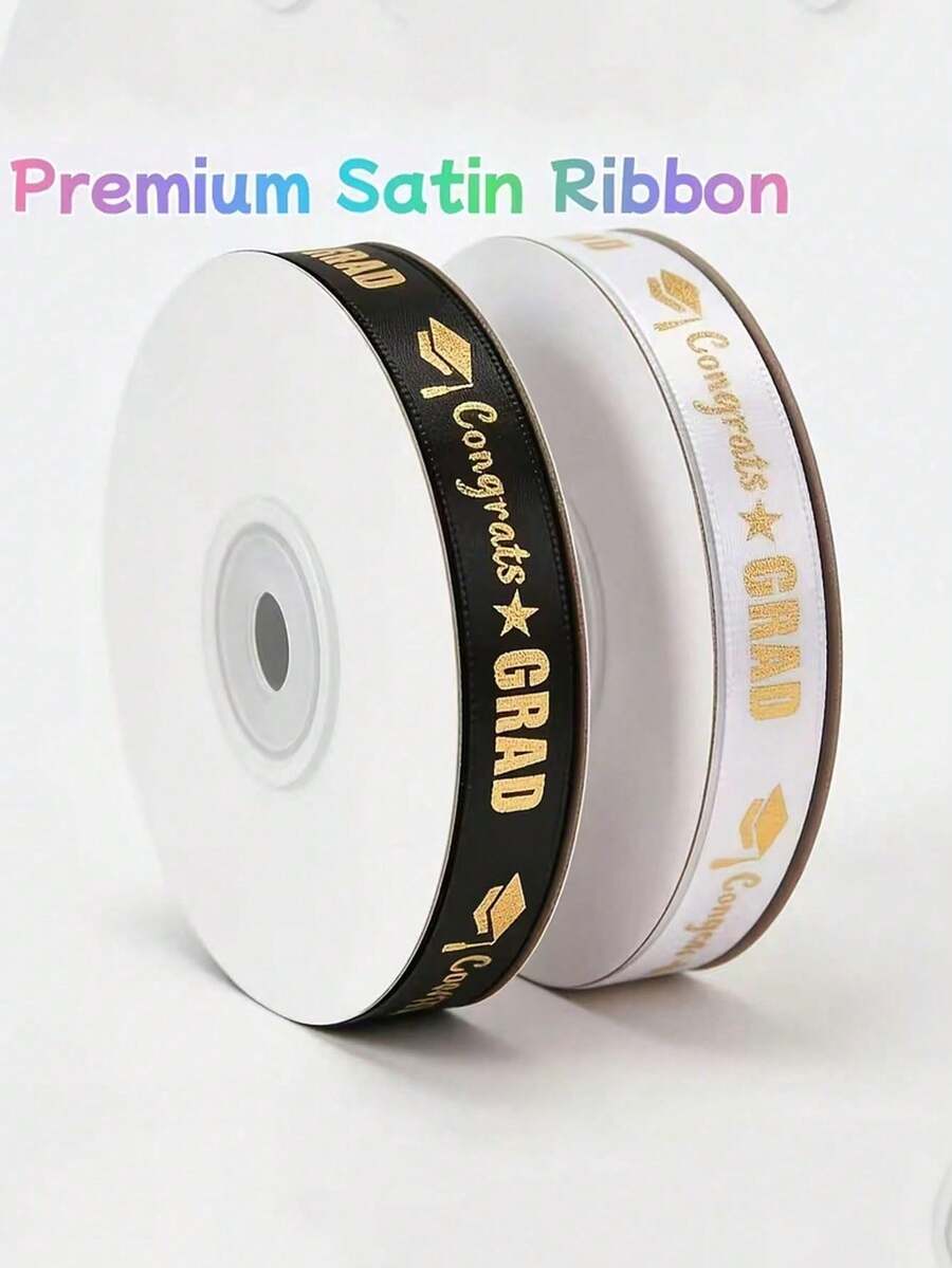 2 rollos de cintas de felicitación de graduación en blanco y negro con efecto metalizado, cintas decorativas para fiestas de graduación, para envolver regalos/manualidades DIY, longitud total de 50 yardas, estilo de graduación en blanco y negro, adecuado para decorar diplomas y vestimenta de graduación