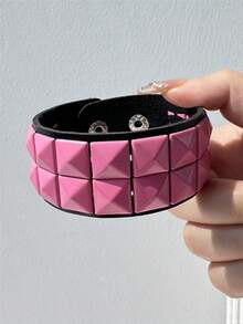 1件朋克粉紫心形铆钉不对称几何宽手链，夸张皮革树脂材质，适合日常、派对、度假佩戴 - 彩色 - 查看 5