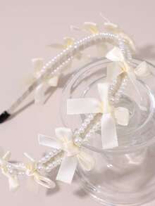 1件装 女士优雅时尚 米色珍珠蝴蝶结发箍，婚礼派对发带 公主发饰 - 米色 - 查看 3