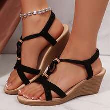 Open Toe Comfy Casual Summer High Heels Platform Wedges Sandals For Women Dressy Breathable Beach Shoes Bohemian - 黑色 - 查看 6