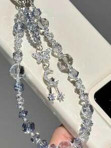 1pc "Icy Blue" Transparent Blue Moon & Star Crystal Beaded Summer New Candy Phone Lanyard, Luxury Crystal Exquisite Sparkling Niche Phone Hanging Chain - Multicolor - View 1