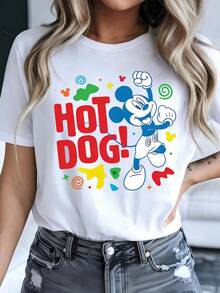 Disney Women's Casual Cotton Mickey Mouse Hot Dog Print Short Sleeve Regular Length Round Neck T-Shirt - trắng - Xem 1
