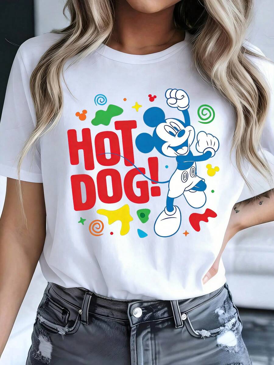 Disney Women's Casual Cotton Mickey Mouse Hot Dog Print Short Sleeve Regular Length Round Neck T-Shirt - trắng - Xem 1