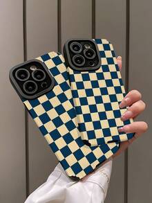 1pc Minimalist Blue & White Checkerboard Star Pattern Vertical Stripe Faux Leather Soft Protective Phone Case, Suitable As Gift For Friends And Lovers, Compatible With Apple And Phones ( 17/17 Air/17 Pro/17 Pro Max) - Multicolor - View 4
