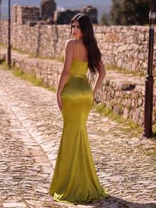 Faeriesty Glamorous Women's Sleeveless Knitted Fabric Long Dress With Spaghetti Straps Slit And Zipper For Evening And Formal Occasions - Olive Green - View 1