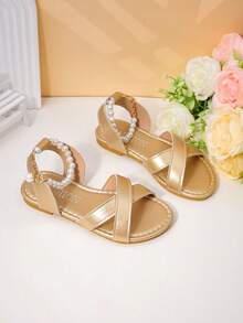 1双女童金属交叉绑带珍珠凉拖，打造公主风夏季造型 - 金色 - 查看 4