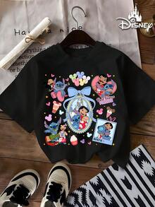 Disney Authorized 100% Cotton T-Shirt, Lilo And Stitch Print Soft Round Neck T-Shirt, Full Of Vivid Design Details, Disney Gift, Fabric Washable And Easy To Take Care Of, Daily Street Travel, Commuting And Other Scenes, Full Of Vacation Atmosphere, Male And Female Short-Sleeved T-Shirt, Machine Washable - Black - View 1