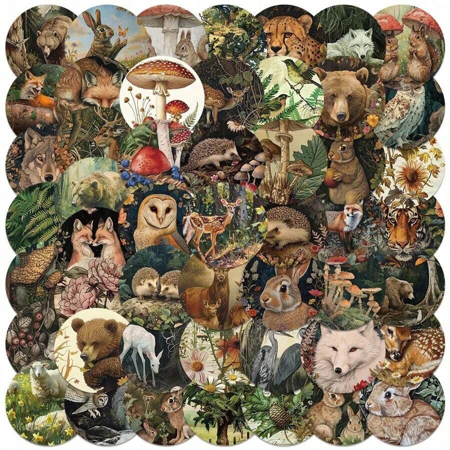 50pcs Vintage Forest Animals & Plants Round Stickers, Aesthetic Cartoon Cute Vinyl Decals Suitable For Water Bottles, Laptops, Phones, Skateboards, Guitars, Luggage, Scrapbooks, Helmets, Bicycles, Motorcycles, Cars, Backpacks For Halloween, Christmas, Thanksgiving, Easter Party Decorations And Gifts - 多色 - 查看 1