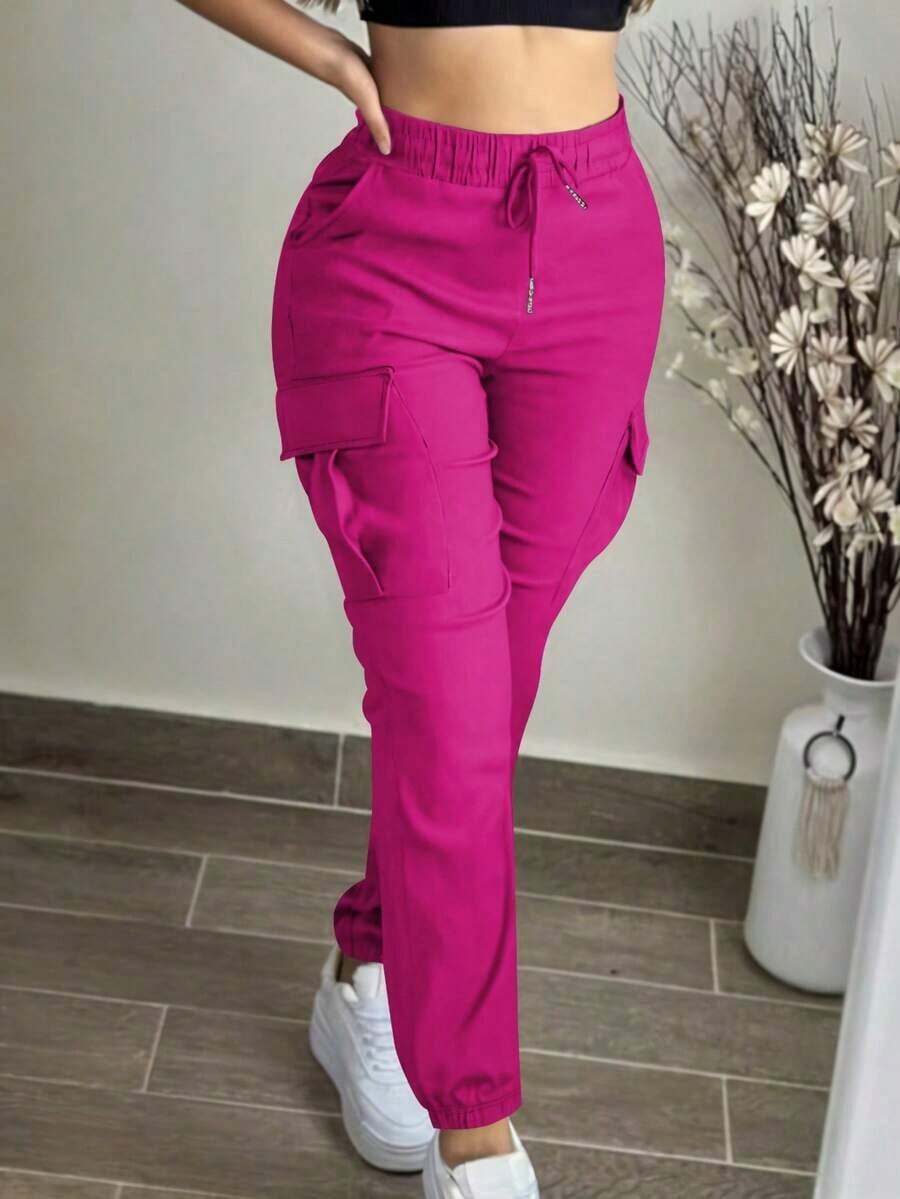Women's Fashion Elegant Solid Color Casual Pocket Elastic Waist Drawstring Cargo Pants - Màu Hồng Tươi - Xem 1