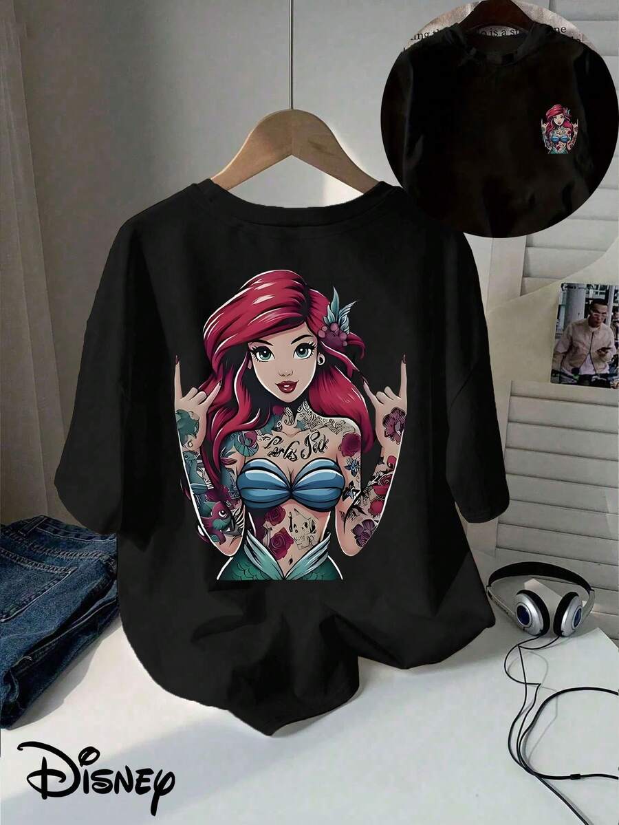Disney Classic Licensed Ariel Double-Sided Printed T-Shirt From The , Punk Style Short-Sleeved Round Neck Casual Shirt, Suitable For Summer And Spring, Short-Sleeved Shirt, Women's Wear, Mother's Day Gift.  Classic Licensed Ariel Double-Sided Printed T-Shirt From The , Punk Style Short-Sleeved Round Neck Casual Shirt, Suitable For Summer And Spring, Short-Sleeved Shirt, Women's Wear, Mother's Day Gift. - 黑色 - 查看 1
