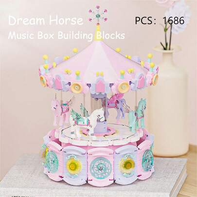 Bộ đồ chơi lắp ráp hộp nhạc xoay tròn 1680+ mảnh, khối xây dựng tự lắp ráp, bộ mô hình xây dựng STEM, trang trí nhà cửa theo chủ đề giả tưởng, thích hợp cho Giáng sinh, sinh nhật, Ngày Valentine và các dịp khác.