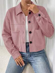 Women's Faux Suede Cropped Jacket Casual Fall Fashion Button Down Winter Coats Outerwear Clothes Christmas New Years Outfit Women - 粉色 - 查看 3