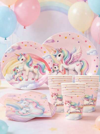 彩虹独角兽派对一次性餐具套装，独角兽纸质餐具，一次性食品容器，适用于独角兽主题生日派对装饰、婚礼装饰、婴儿派对装饰、新娘派对装饰、性别揭晓派对装饰、独角兽派对一次性纸盘、餐巾纸、纸杯、独角兽主题派对用品、独角兽主题生日装饰、家居装饰、厨房装饰、餐桌装饰、户外露营野餐、节日活动派对装饰用品