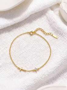 Custom Four Leaf Flower Birthstone Cross Bracelet, 14K Gold Personalized Zirconia Charm Bracelet, Religious Jewelry Gift For Her - Multicolor - View 3