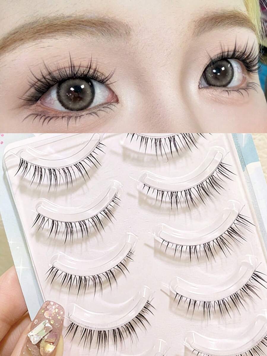 5 Pairs Cartoon Style False Eyelashes, Natural Curly & Lengthening, Lightweight & Reusable, Suitable For Daily Wear In Various Occasions, 5-10mm - View 1