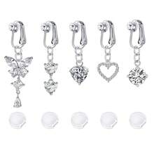 5件装蝴蝶心形爱心立方氧化锆假肚脐环，女士假肚脐环，夹式肚脐环，假肚脐环，无需穿孔饰品，附赠5个硅胶垫 - 彩色 - 查看 3