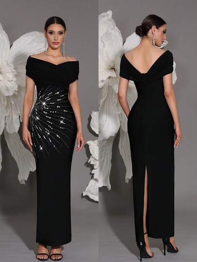 露肩串珠紧身绷带连衣裙，性感修身开衩下摆鸡尾酒会晚礼服婚纱黑色