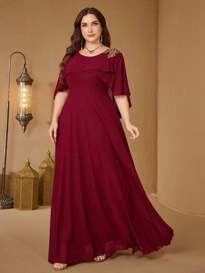 UNITHORSE 大码尔蕾丝贴花雪纺伴娘礼服