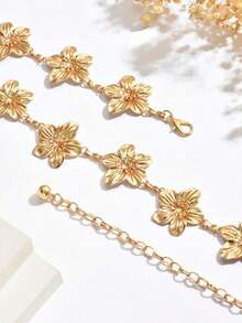 1pc Vintage Fashion Personalized Metal 3D Five-Petal Flower Splice Waist Chain, Bohemian High-End Versatile Dress Chain Waistband, Suitable Women In Any Occasion - 黃金5 - 查看 4