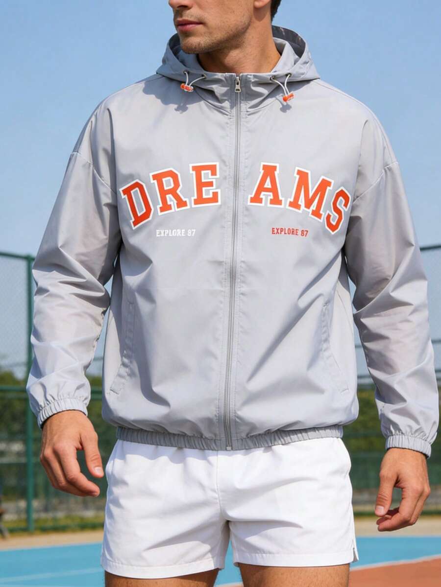 Men's Lightweight Letter Print Hooded Jacket, Suitable For Outdoor Fishing, Vacation, Travel, Beach, Couple Sportswear, Summer - Grey - View 1