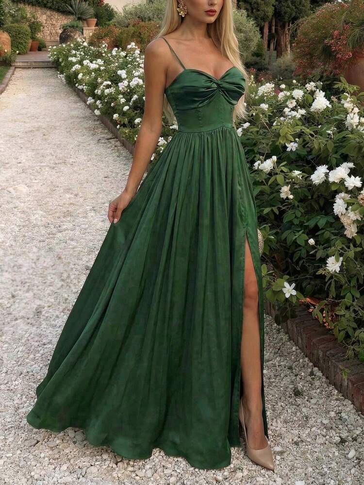 Deep Green Satin Dress, Elegant Twist Front Slit Design Party Gown For Women