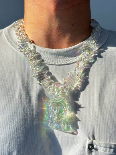 1pc Jesus Portrait Pendant Necklace With Transparent Multicolor Acrylic Thorn Chain, Suitable For Men