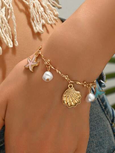 1pc Colorful Drip Glaze Ocean Life Elements Pendant Bracelet, Cute Metal Starfish & Shell Decor Jewelry, Suitable For Women's Daily Wear, Vacation & Party Photo Shoot