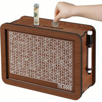 1个木制小猪存钱罐，适合儿童和成人 - 可重复使用的10,000美元储蓄挑战小猪存钱罐，带进度追踪器和现金库，适合3-12岁男孩女孩的教育小猪存钱罐礼物 - 10,000美元