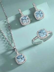 4pcs/Set Ocean Heart Shaped Blue Cubic Jewelry Set Necklace, Earrings, Ring, Girlfriend, Daily Wear & Special Occasions - Màu xanh lam - Xem 7